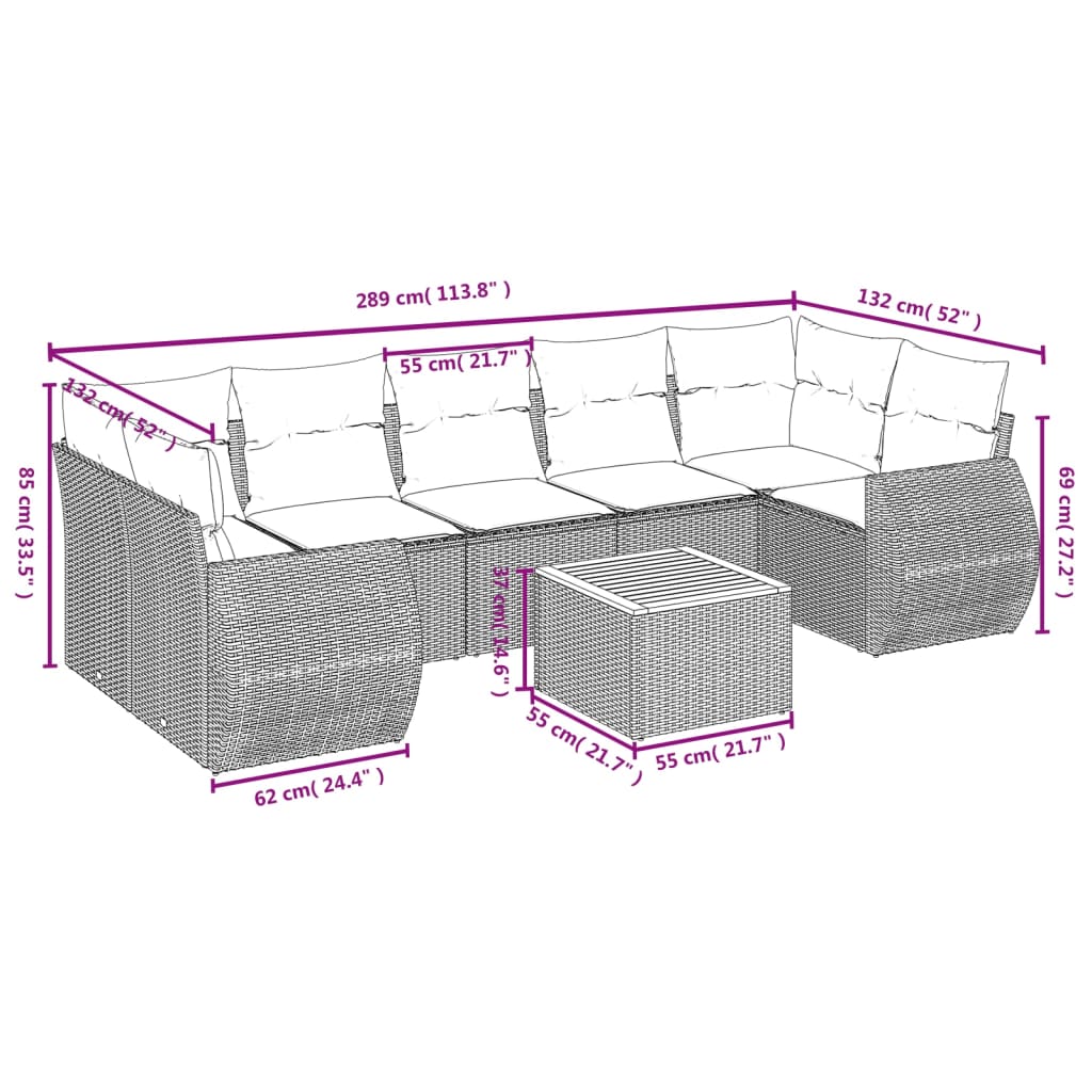 vidaXL 8 részes fekete polyrattan kerti ülőgarnitúra párnákkal