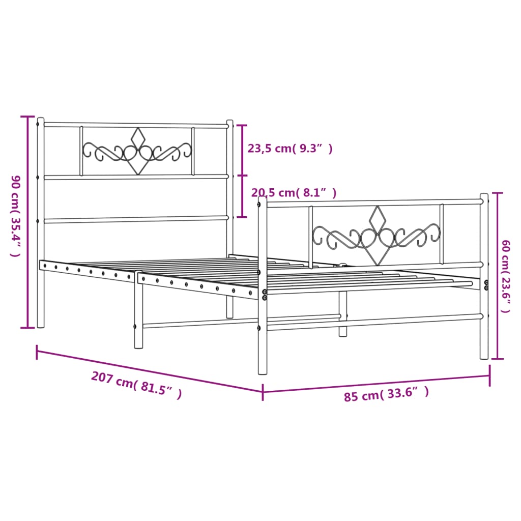 vidaXL fekete fém ágykeret fej- és lábtámlával 80 x 200 cm