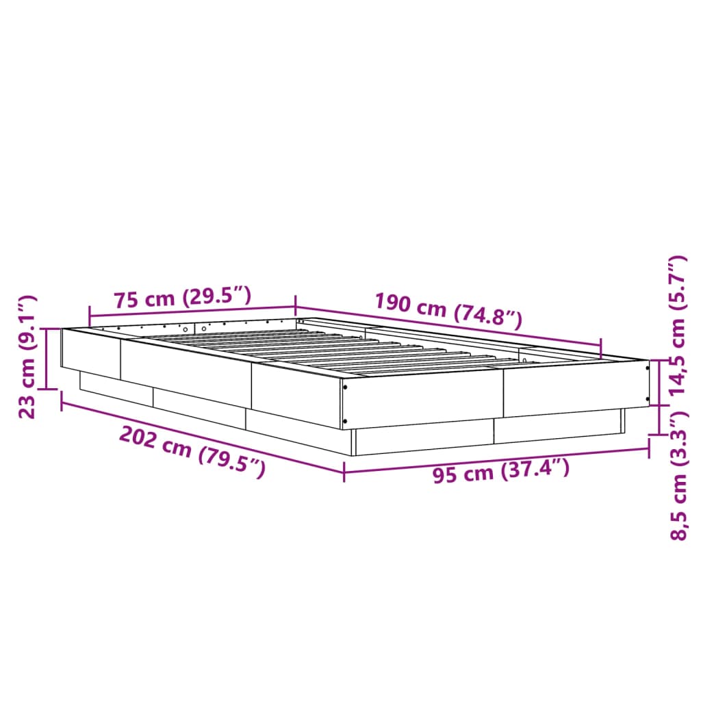 vidaXL betonszürke szerelt fa ágykeret LED-del 75 x 190 cm