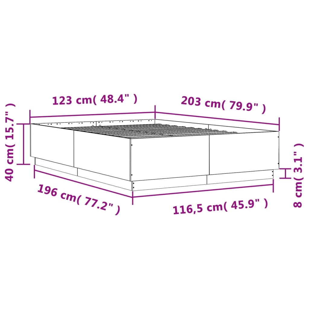 vidaXL betonszürke szerelt fa ágykeret LED-del 120 x 200 cm