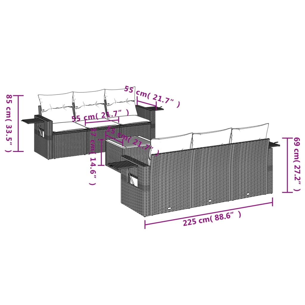 vidaXL 7 részes szürke polyrattan kerti ülőgarnitúra párnákkal