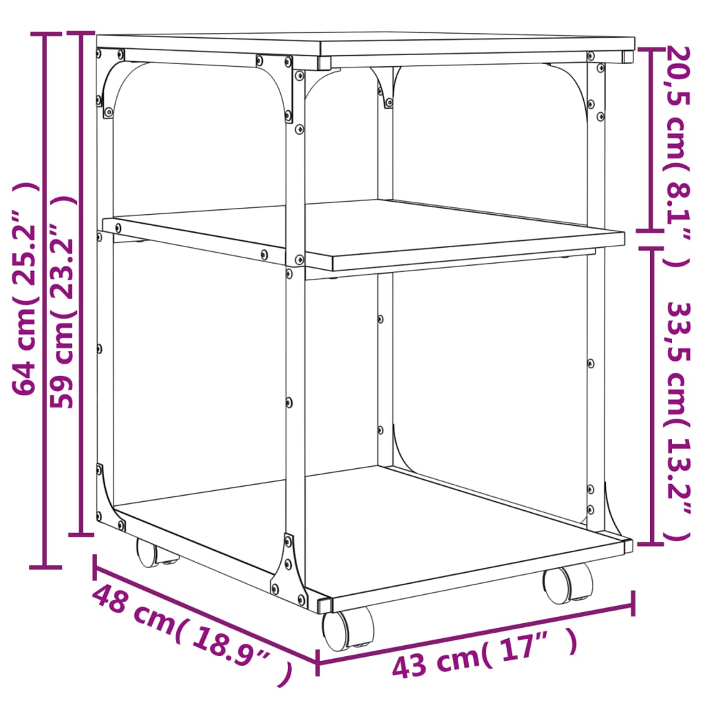 vidaXL 3 szintes szürke sonoma színű nyomtatóállvány 43 x 48 x 64 cm