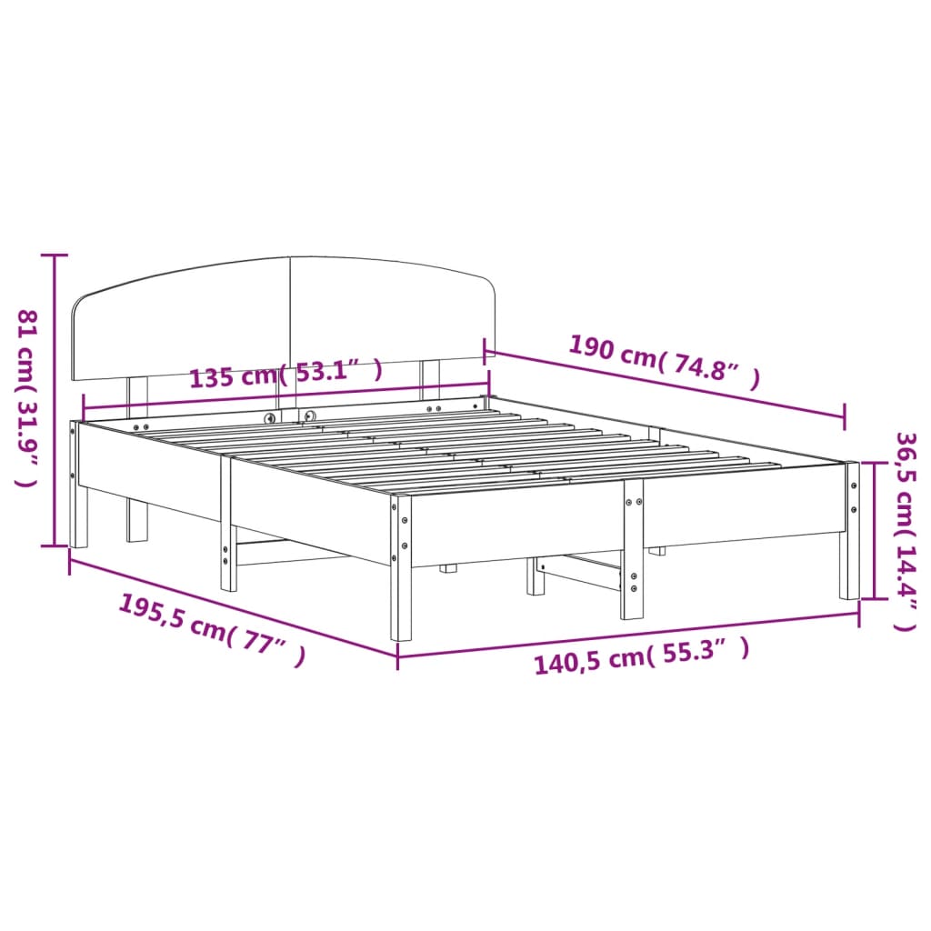 vidaXL fehér tömör fenyőfa ágy matrac nélkül 135 x 190 cm