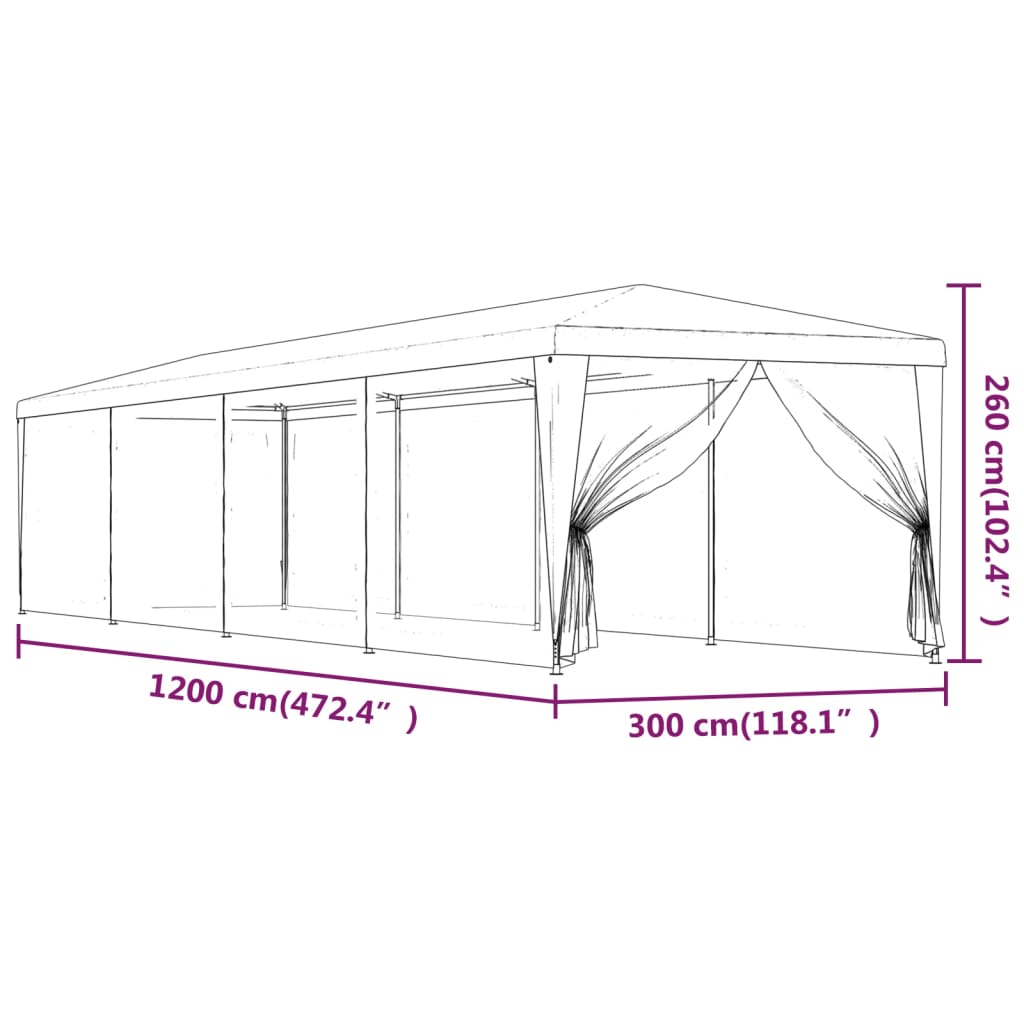 vidaXL zöld HDPE rendezvénysátor 10 hálós oldalfallal 3x12 m