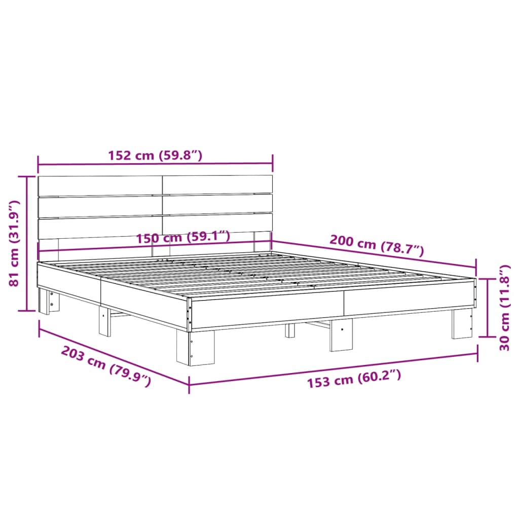 vidaXL füstös tölgy színű szerelt fa és fém ágykeret 150 x 200 cm