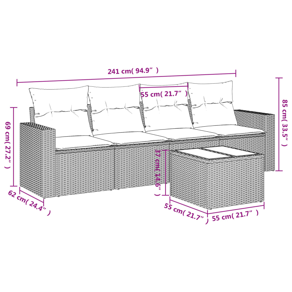 vidaXL 5 részes fekete polyrattan kerti kanapészett párnákkal