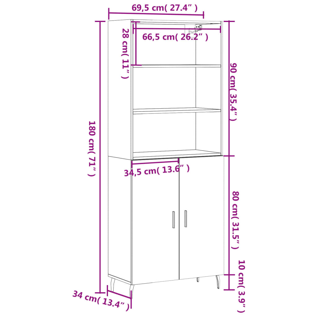 vidaXL füstös tölgy színű szerelt fa magasszekrény 69,5 x 34 x 180 cm