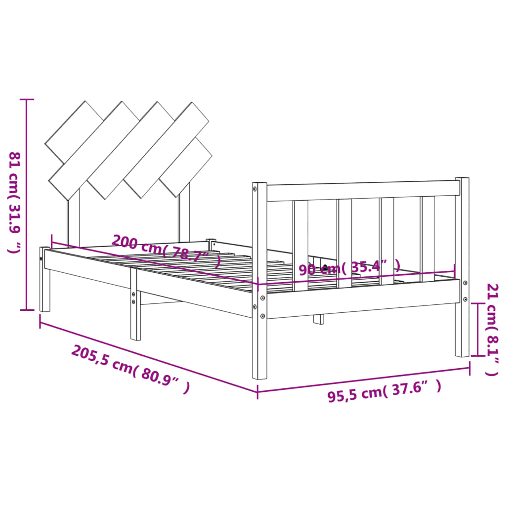 vidaXL fekete tömör fa ágykeret fejtámlával 90 x 200 cm