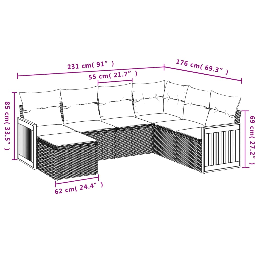 vidaXL 7 részes fekete polyrattan kerti ülőgarnitúra párnával