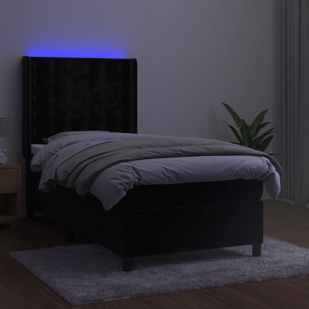 vidaXL fekete bársony rugós és LED-es ágy matraccal 100x200 cm