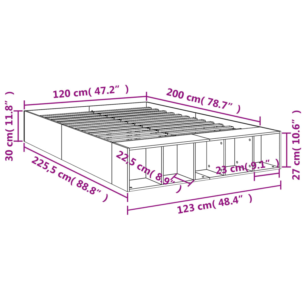 vidaXL füstös tölgy színű szerelt fa ágykeret 120 x 200 cm