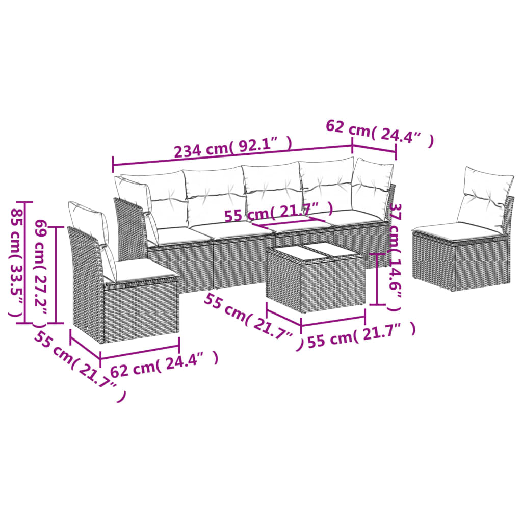 vidaXL 7 részes bézs polyrattan kerti ülőgarnitúra párnákkal