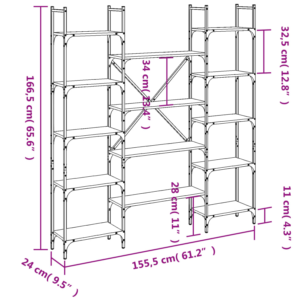 vidaXL füstös tölgy színű szerelt fa könyvespolc 155,5 x 24 x 166,5 cm