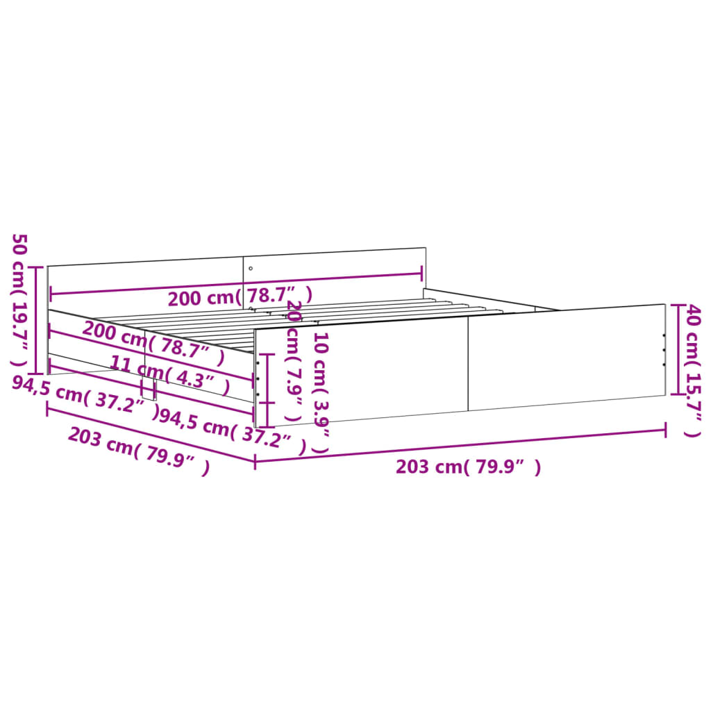 vidaXL füstös tölgy színű ágykeret fej- és lábtámlával 200 x 200 cm