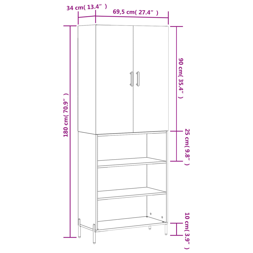 vidaXL szürke sonoma szerelt fa magasszekrény 69,5 x 34 x 180 cm