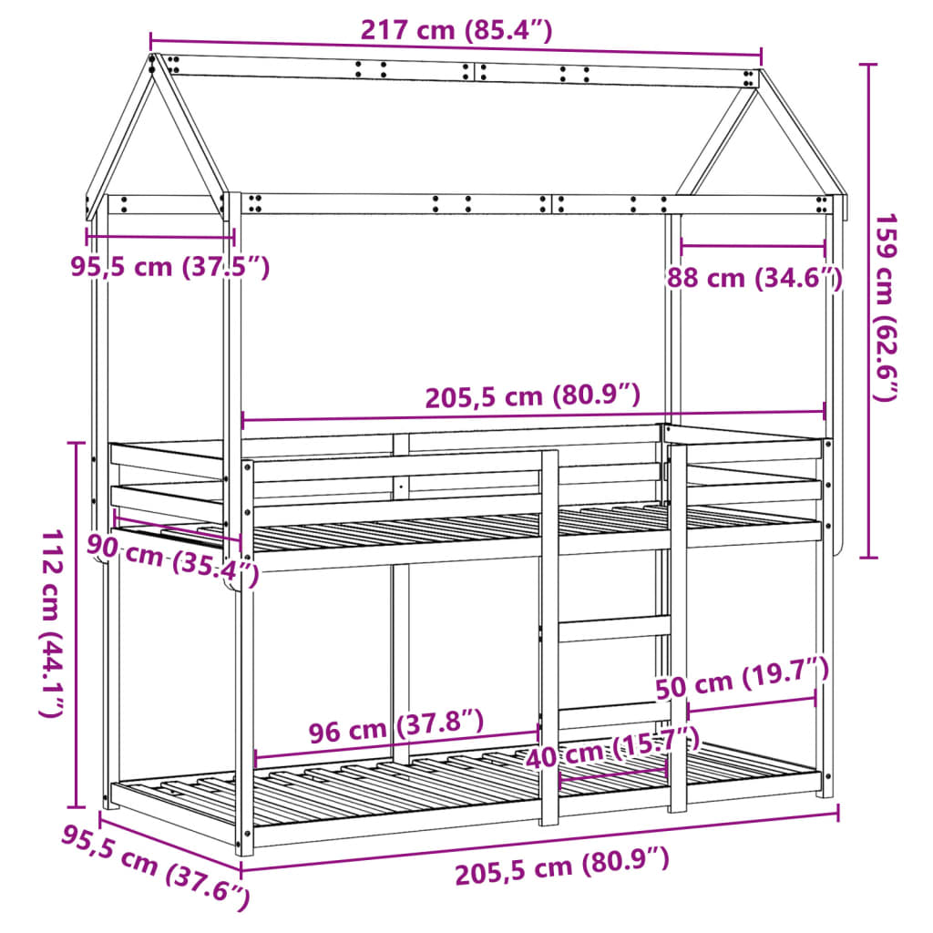 vidaXL viaszbarna tömör fenyőfa ágy emelettel és tetővel 90 x 200 cm