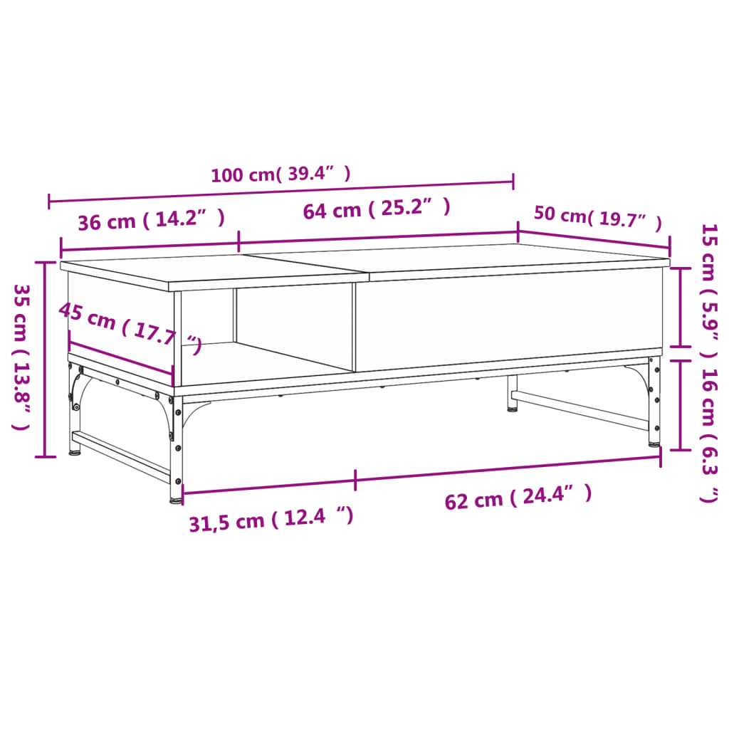 vidaXL füstös tölgy szerelt fa és fém dohányzóasztal 100 x 50 x 35 cm