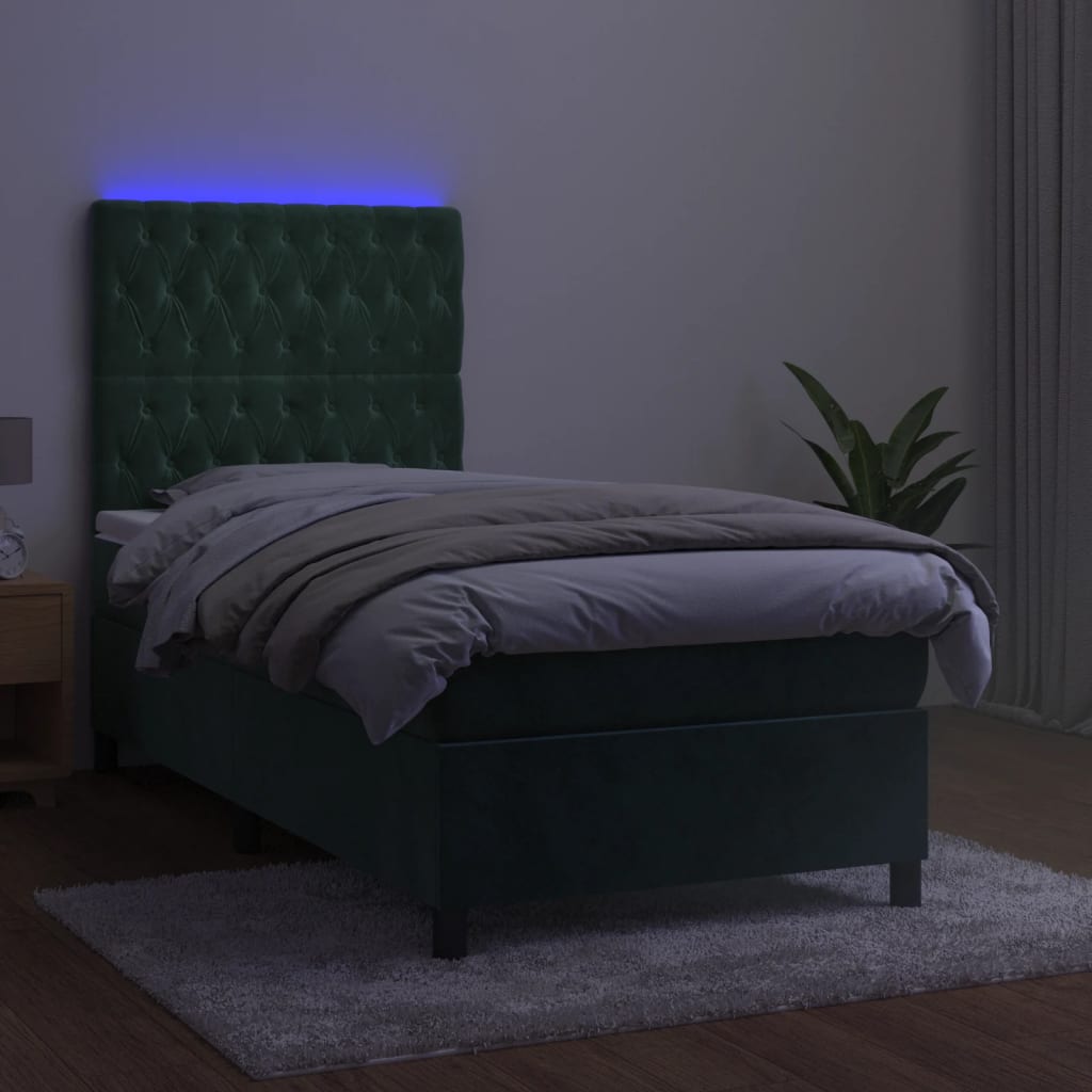 vidaXL sötétzöld bársony rugós és LED-es ágy matraccal 90x190 cm