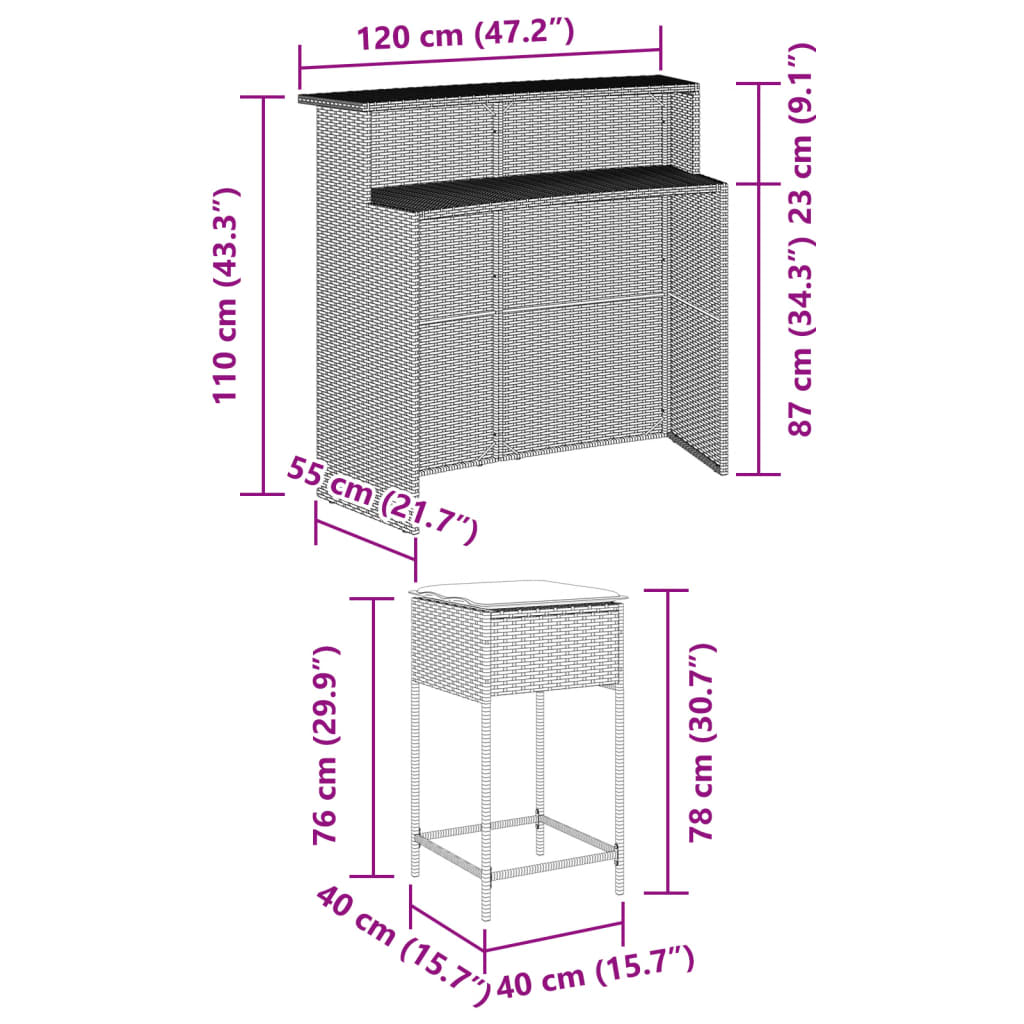 vidaXL 5 részes szürke polyrattan kerti bárszett párnákkal