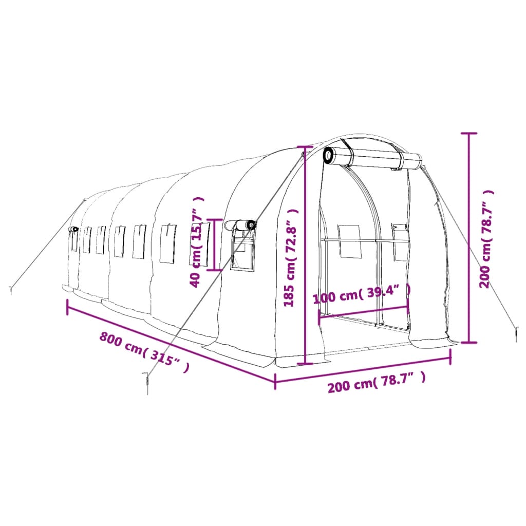 vidaXL zöld acélvázas melegház 16 m² 8 x 2 x 2 m