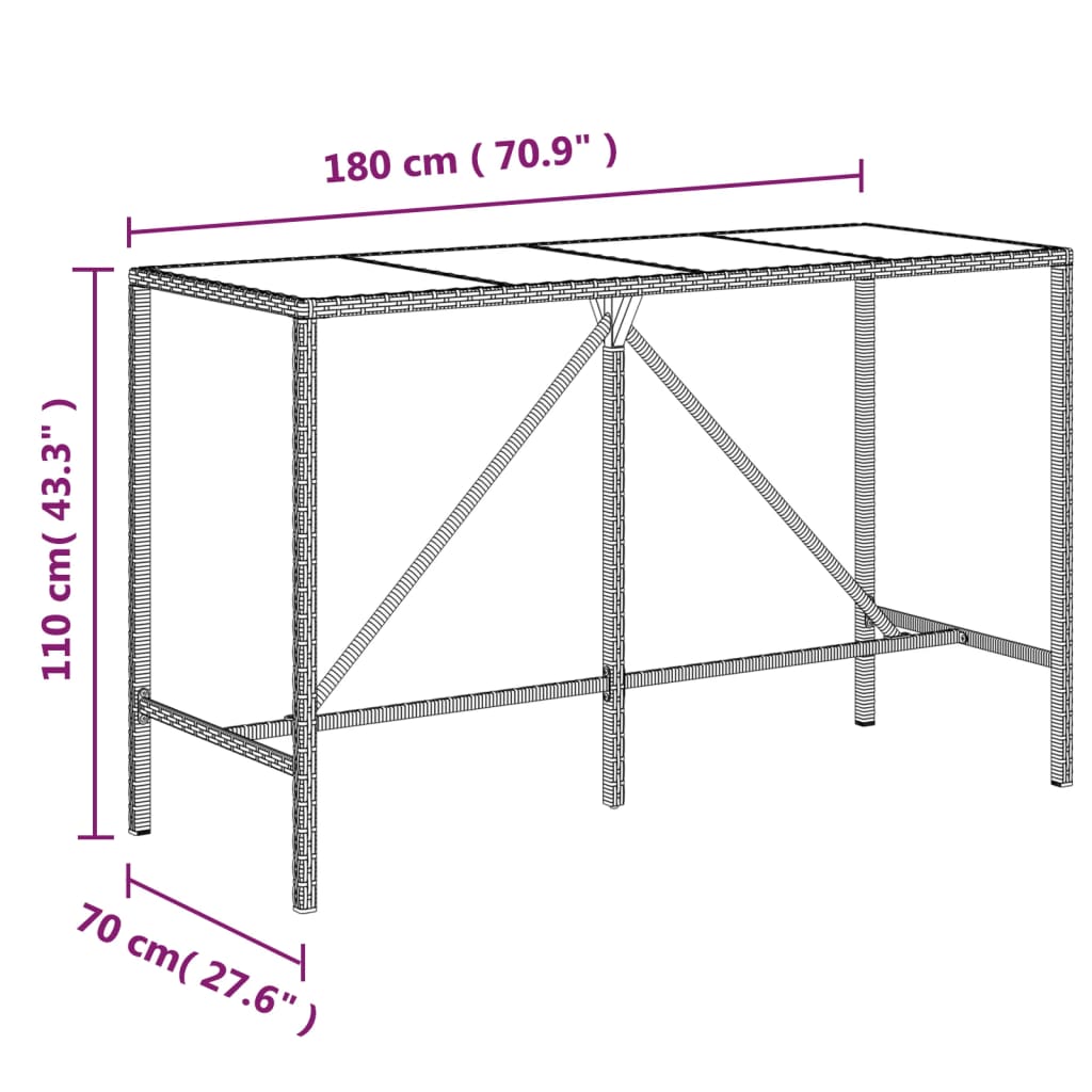 vidaXL barna polyrattan üveglapos bárasztal 180 x 70 x 110 cm