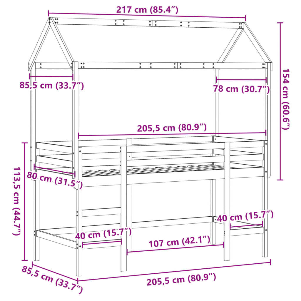 vidaXL fehér tömör fenyőfa galériaágy létrával és tetővel 80 x 200 cm