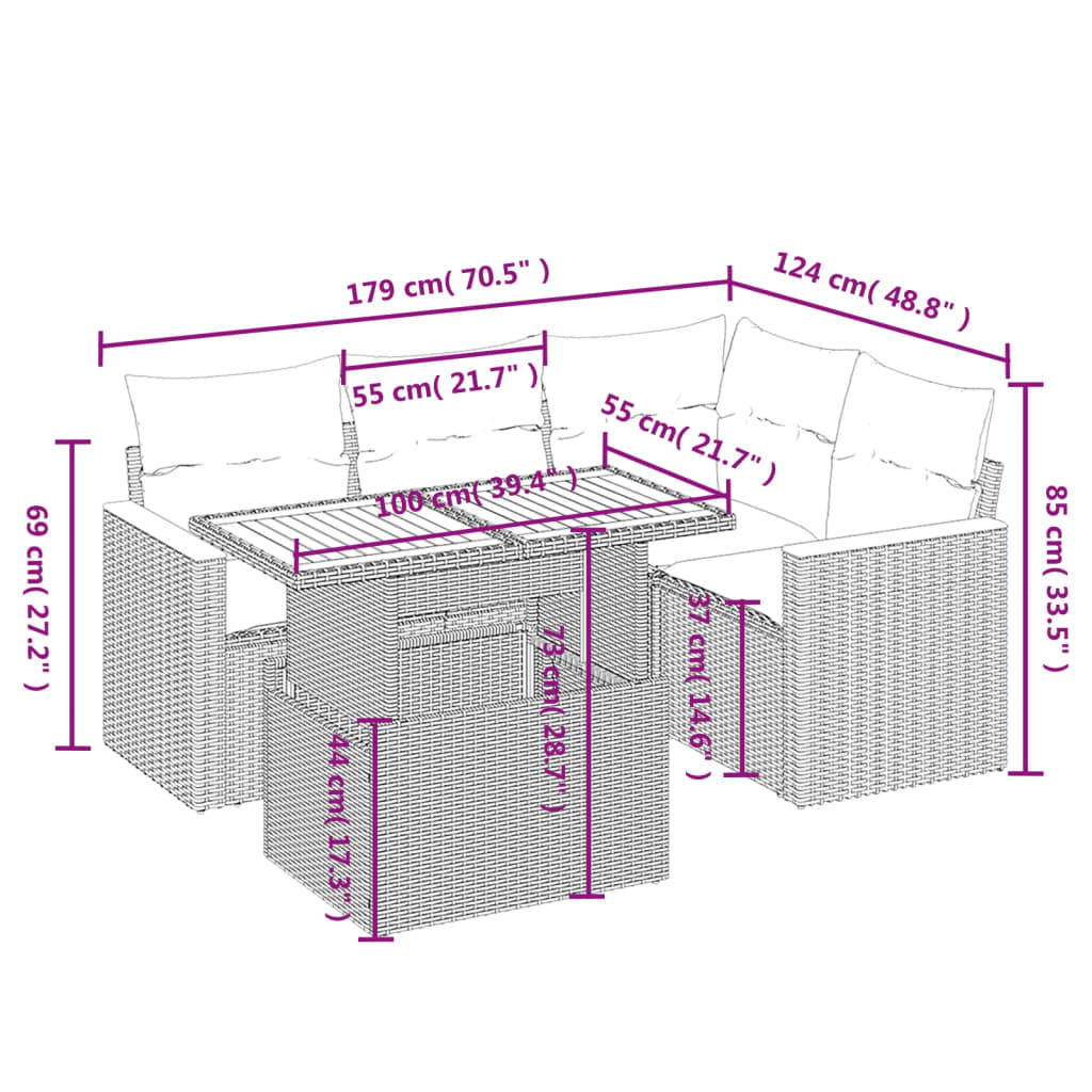 vidaXL 5 részes fekete polyrattan kerti kanapészett párnákkal