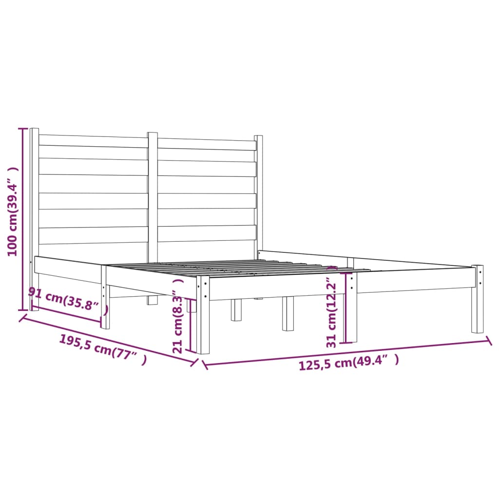 vidaXL Small Double fekete tömör fenyőfa ágykeret 120 x 190 cm