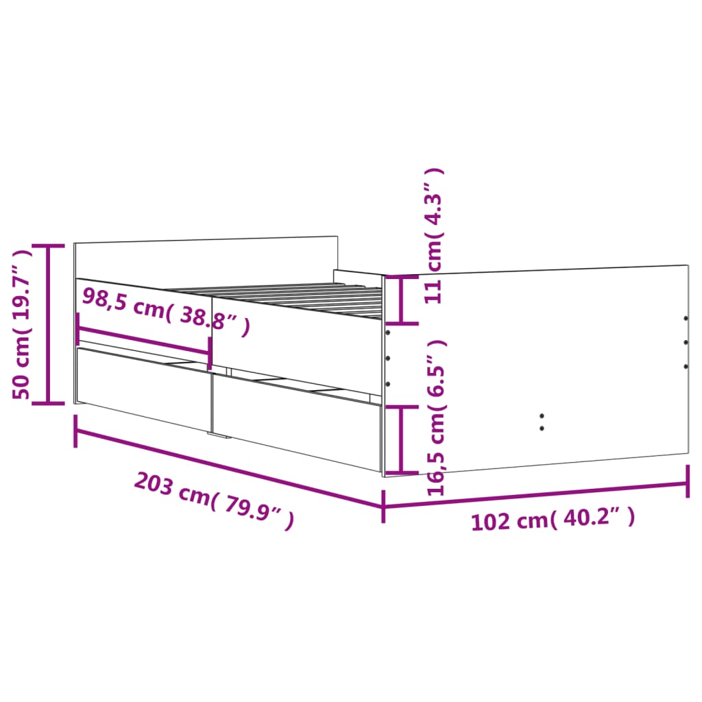 vidaXL sonoma tölgy színű műfa ágykeret fiókokkal 100 x 200 cm