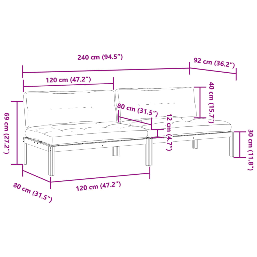 vidaXL 2 db tömör akácfa kerti raklap középső kanapé párnával