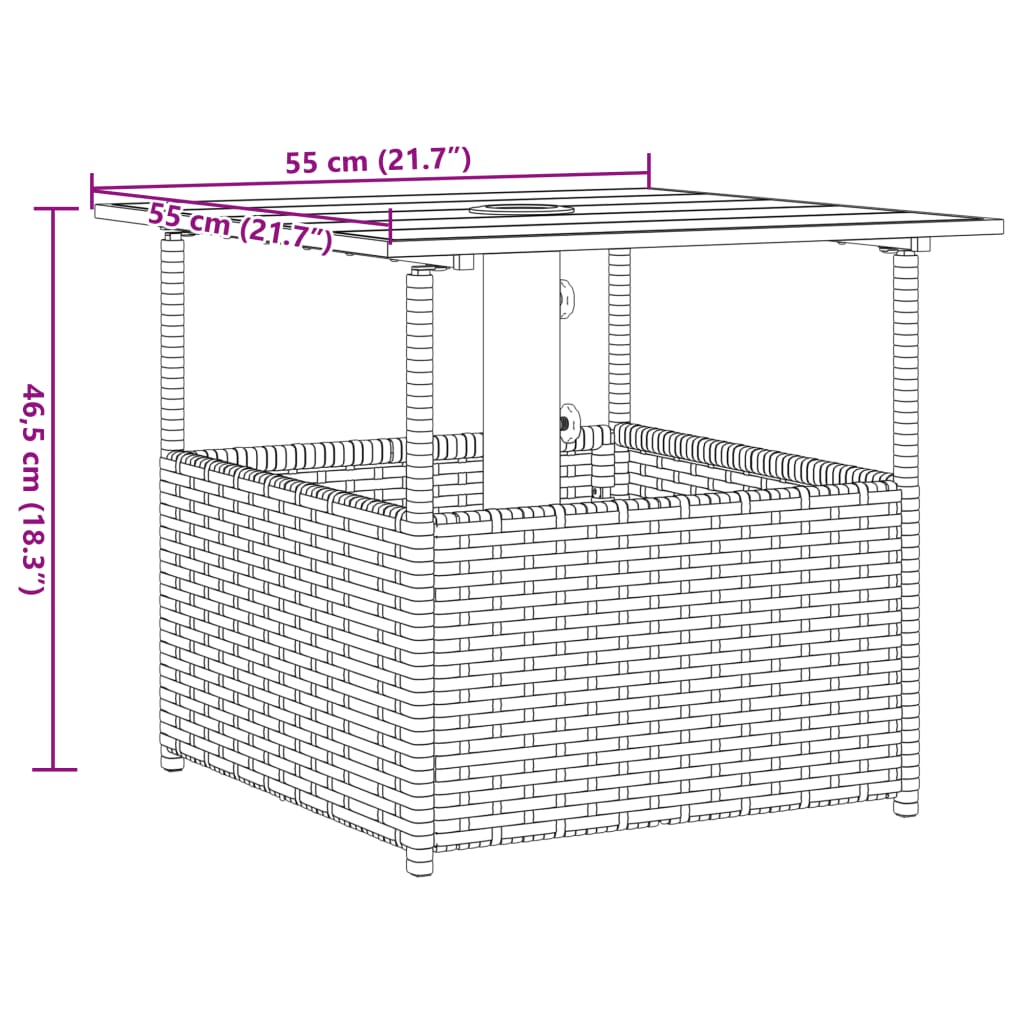 vidaXL fekete polyrattan kerti asztal napernyőlyukkal 55x55x46,5 cm