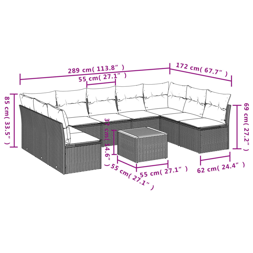 vidaXL 10 részes bézs polyrattan kerti ülőgarnitúra párnával