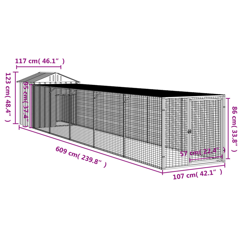 vidaXL világosszürke horganyzott acél kifutós tyúkketrec 117x609x123cm