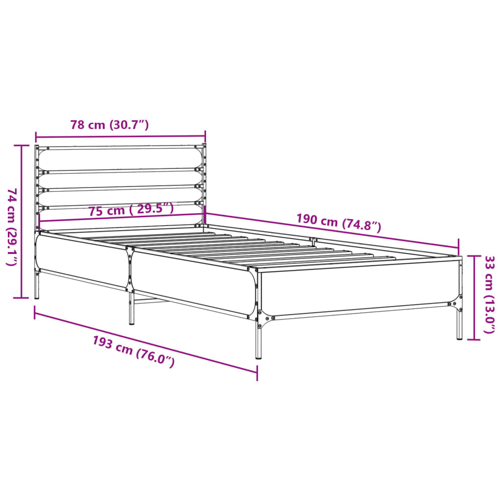 vidaXL barna tölgyszínű szerelt fa és fém ágykeret 75 x 190 cm