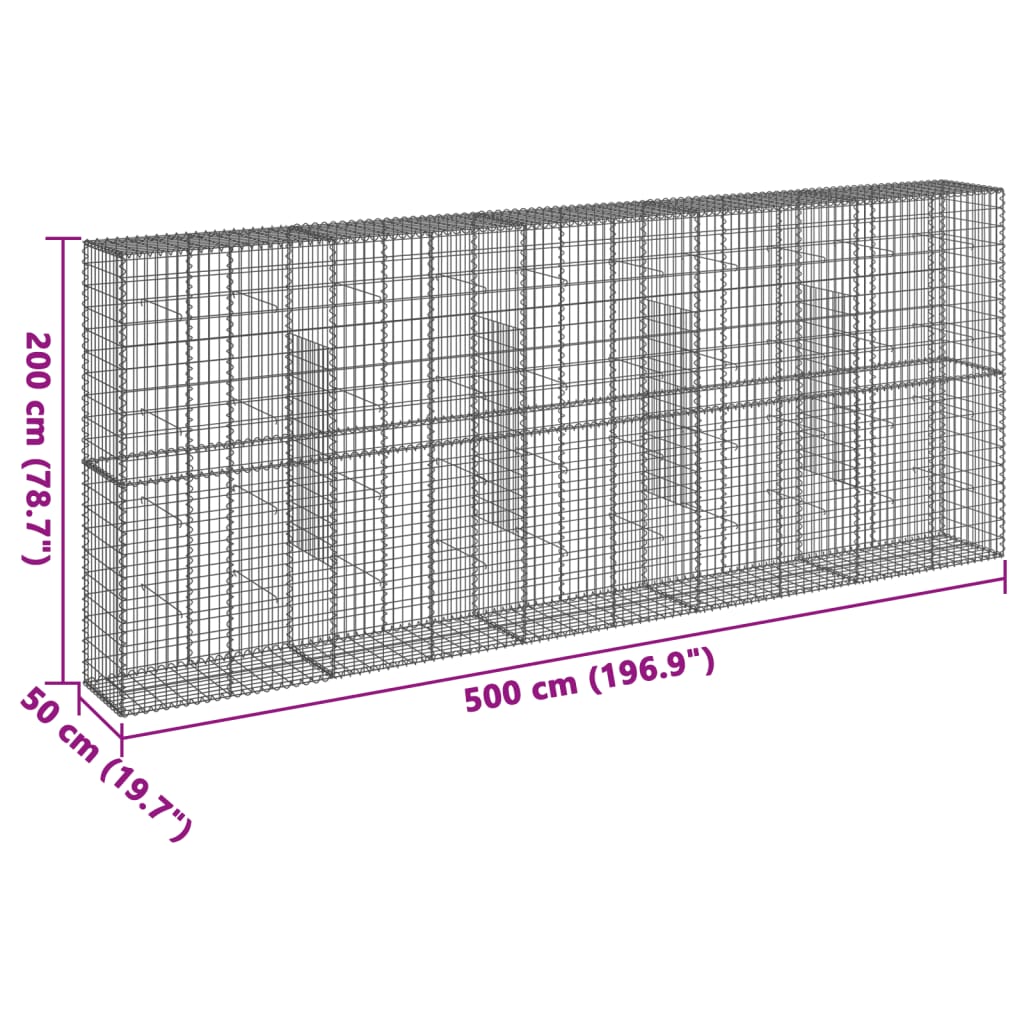 vidaXL horganyzott vas gabion kosár fedéllel 500 x 50 x 200 cm