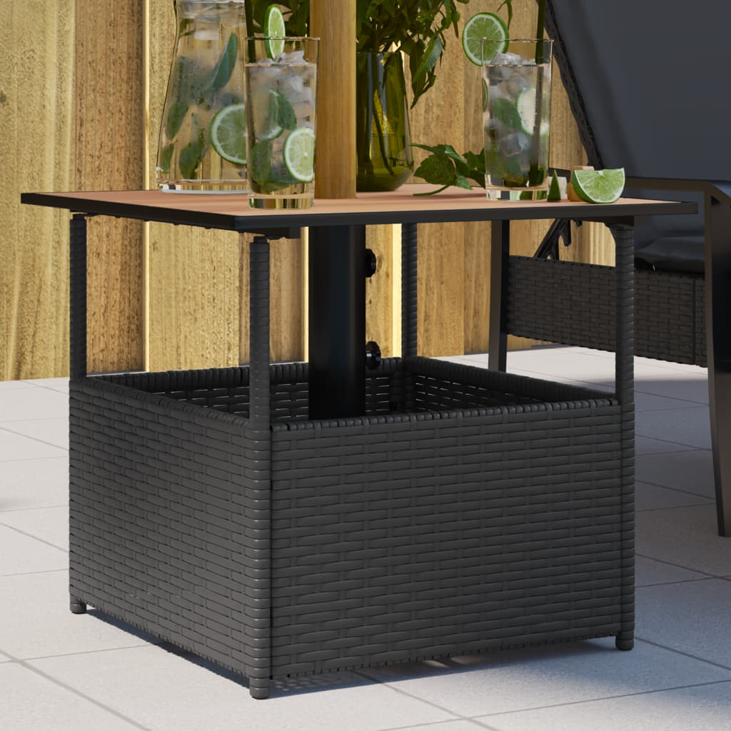 vidaXL fekete polyrattan kerti asztal napernyőlyukkal 55x55x46,5 cm