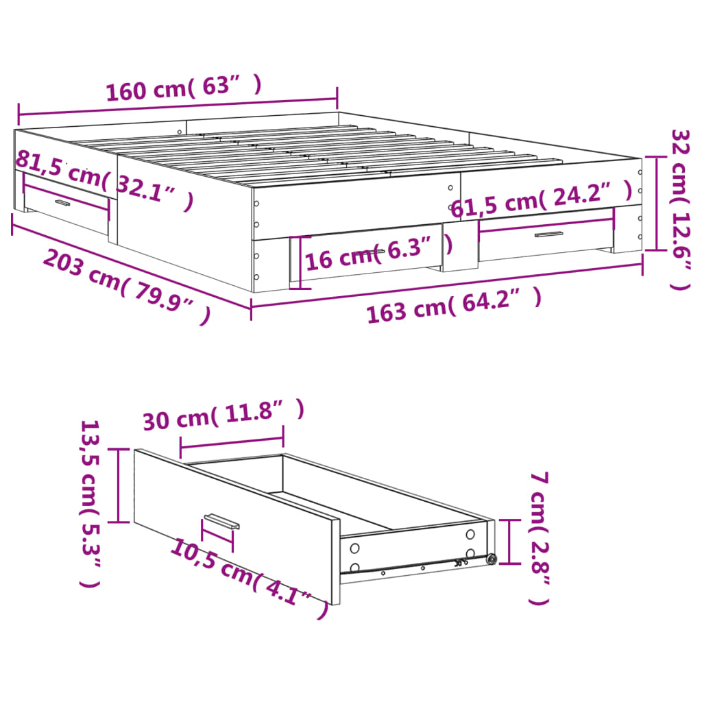 vidaXL barna tölgy színű szerelt fa ágykeret fiókokkal 160 x 200 cm