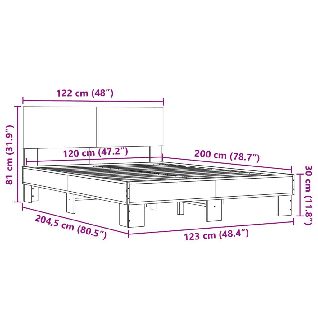 vidaXL barna tölgyszínű szerelt fa és fém ágykeret 120 x 200 cm