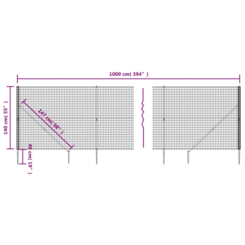 vidaXL antracitszürke dróthálós kerítés cövekekkel 1,4x10 m