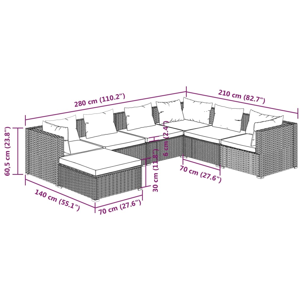 vidaXL 7 részes szürke polyrattan kerti ülőgarnitúra párnákkal