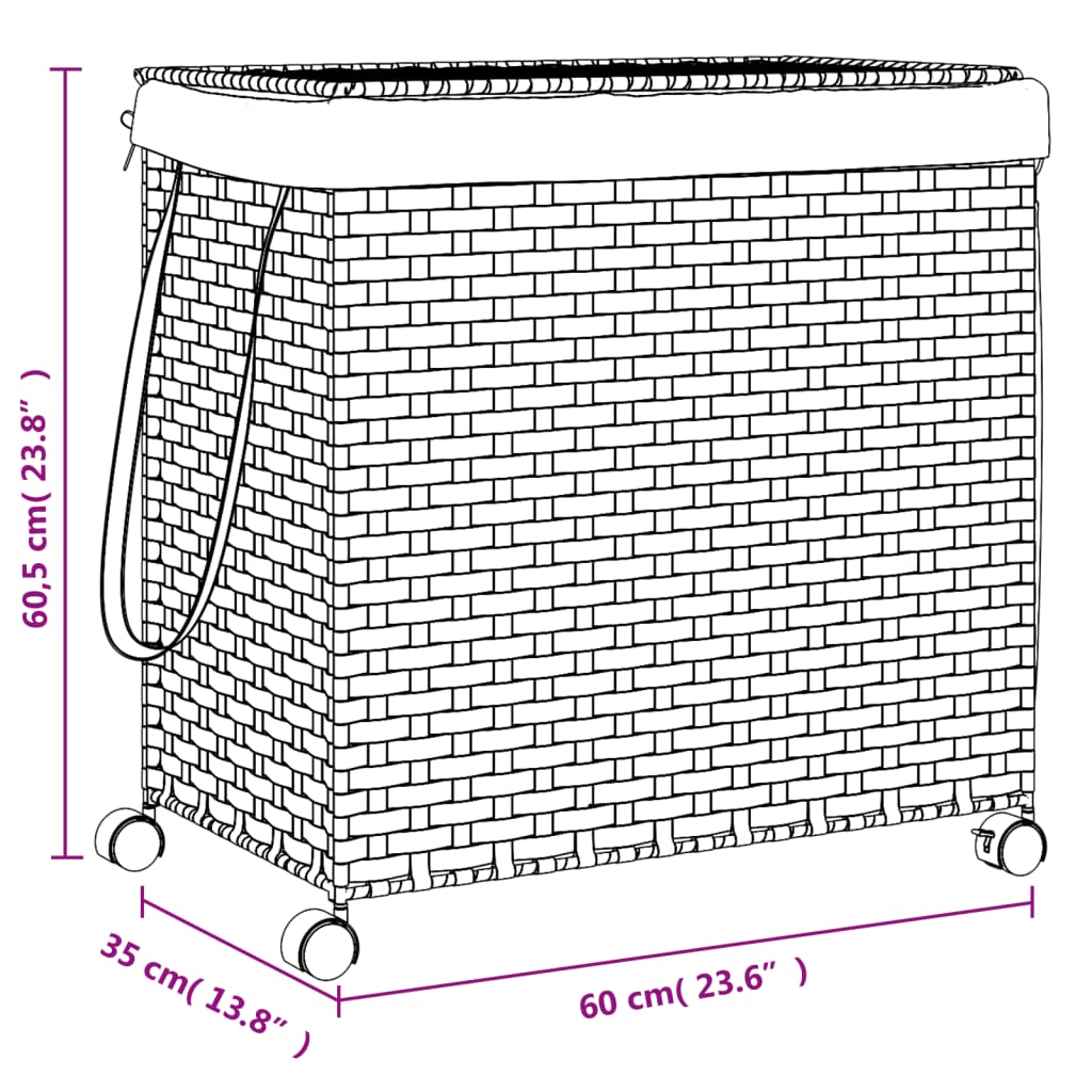 vidaXL sötétbarna rattan szennyeskosár kerekekkel 60x35x60,5 cm