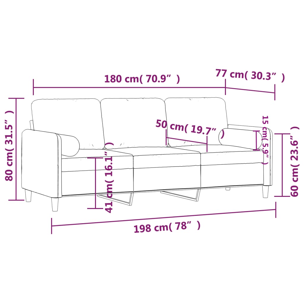 vidaXL 3 személyes világosszürke bársony kanapé díszpárnákkal 180 cm