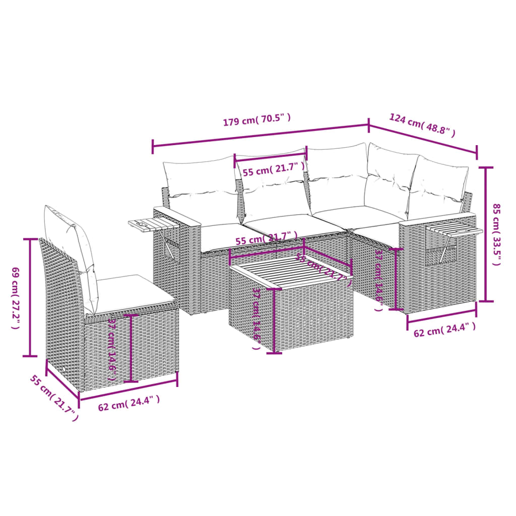 vidaXL 6 részes szürke polyrattan kerti ülőgarnitúra párnákkal