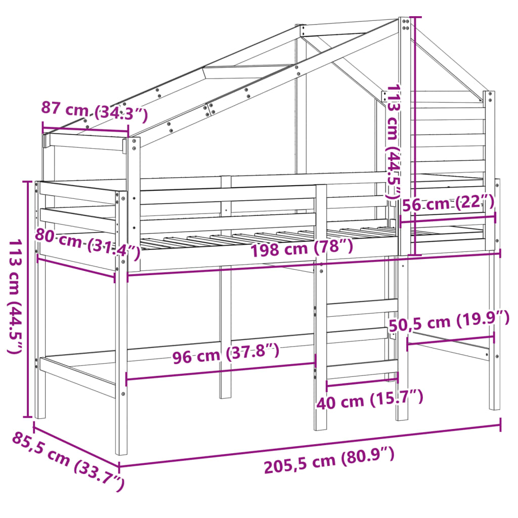 vidaXL tömör fenyőfa galériaágy létrával és tetővel 80 x 200 cm