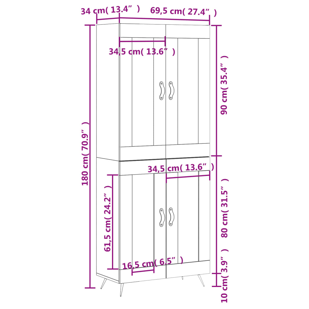 vidaXL fekete szerelt fa magasszekrény 69,5 x 34 x 180 cm