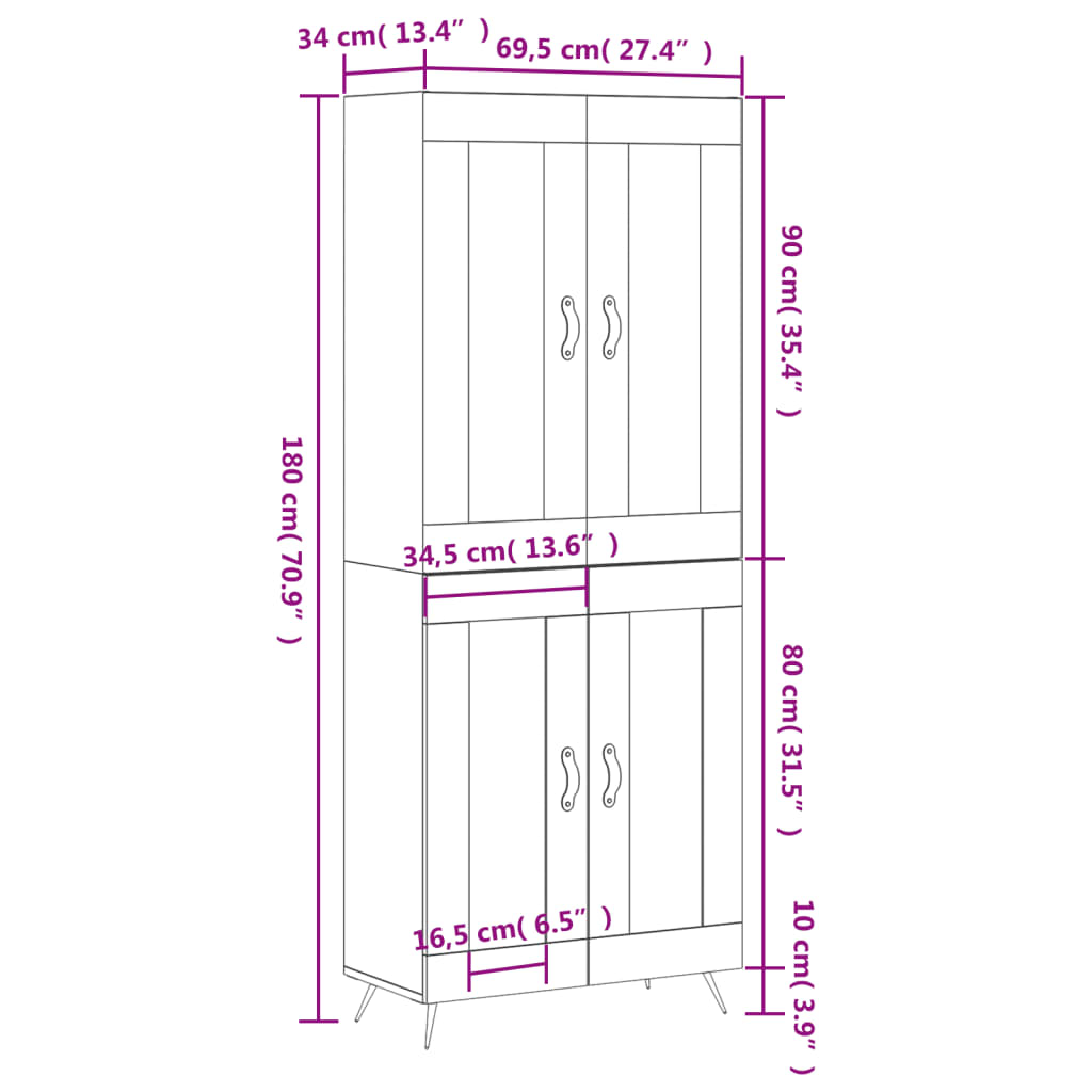 vidaXL betonszürke szerelt fa magasszekrény 69,5 x 34 x 180 cm