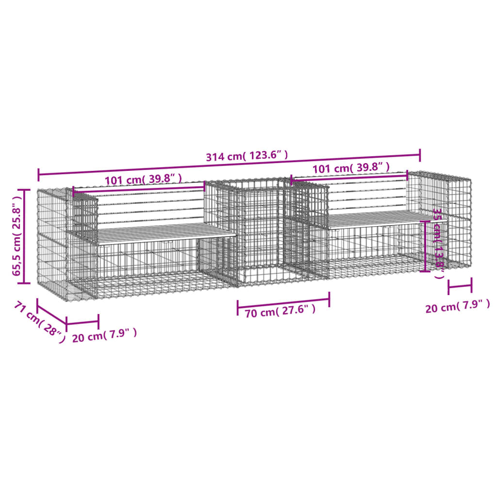 vidaXL tömör fenyőfa kerti pad gabion kosárral