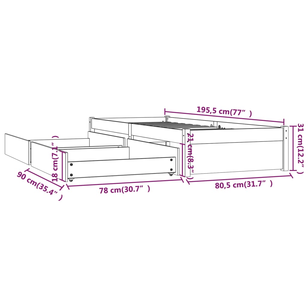 vidaXL fehér kicsi egyszemélyes ágykeret fiókokkal 75 x 190 cm