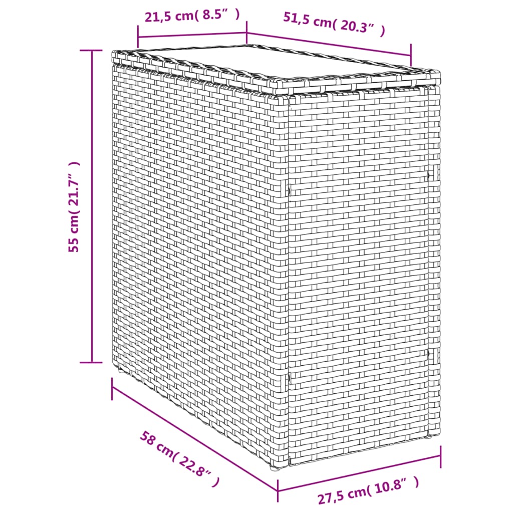 vidaXL szürke polyrattan kerti kisasztal üveg lappal 58 x 27,5 x 55 cm