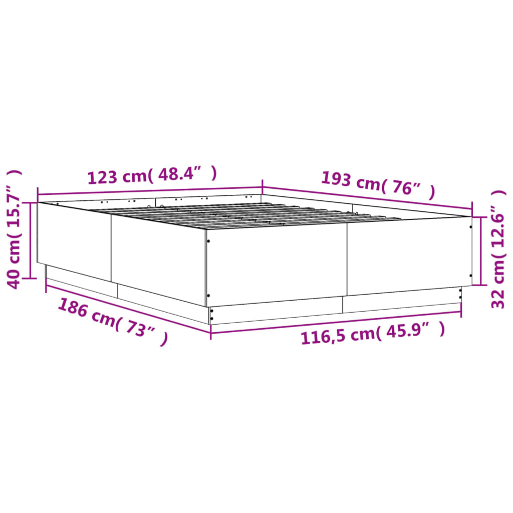 vidaXL sonoma tölgy színű szerelt fa ágykeret LED-del 120 x 190 cm